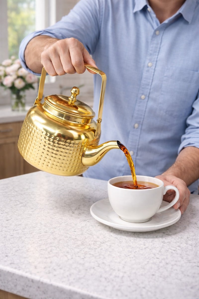 Royal Premium Stainless Steel Dotted Gold Kettle – 1 Liter | Elegant 16x12 cm Tea & Coffee Pot - Image 2